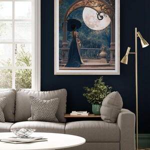 Vintage Inspired Bedroom Art Romantic Wall Print Blue Gold Art Nouveau Design Elegant Statement Maximalist Hanging Couple Illustration Ornate Classical Style Historical Scene Interior Accent Perfect Home Gallery Beautiful Romantic