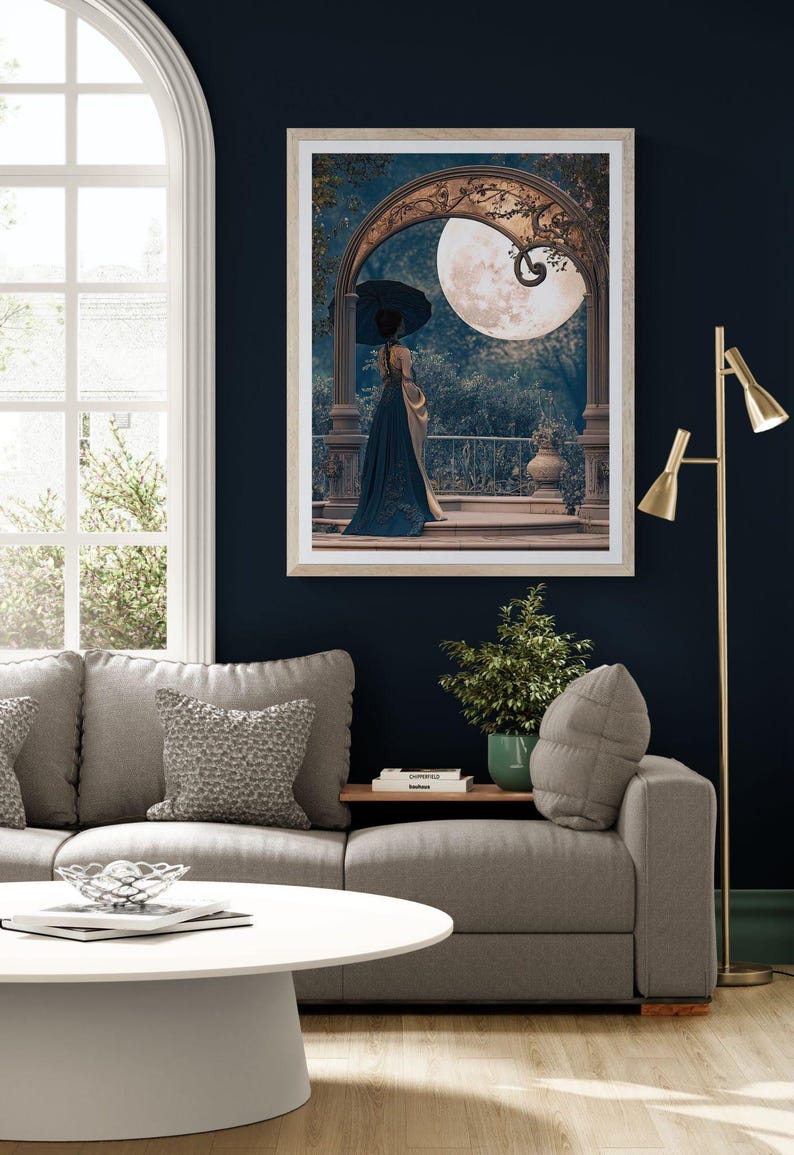 Vintage Inspired Bedroom Art Romantic Wall Print Blue Gold Art Nouveau Design Elegant Statement Maximalist Hanging Couple Illustration Ornate Classical Style Historical Scene Interior Accent Perfect Home Gallery Beautiful Romantic
