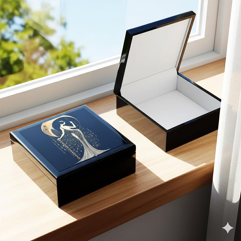 Decorative Jewelry Box Black Storage Container Art Deco Woman Figure Gold Accent Elements Vintage Style Design Elegant Keepsake Holder Glossy Finish Construction Stylish Dresser Accessory Vanity Top Organizer Luxury Gift Idea Special