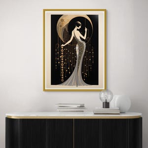 Art Deco Wall Art Vintage Woman Print Silver Dress Design Gold Geometric Details Black Background Elegant Home Decor Bedroom Living Room Accent Piece Framed Display Classic Art Style Modern Interior Design Beautiful Room Addition Statement