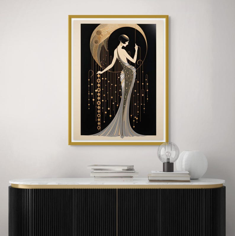 Art Deco Wall Art Vintage Woman Print Silver Dress Design Gold Geometric Details Black Background Elegant Home Decor Bedroom Living Room Accent Piece Framed Display Classic Art Style Modern Interior Design Beautiful Room Addition Statement