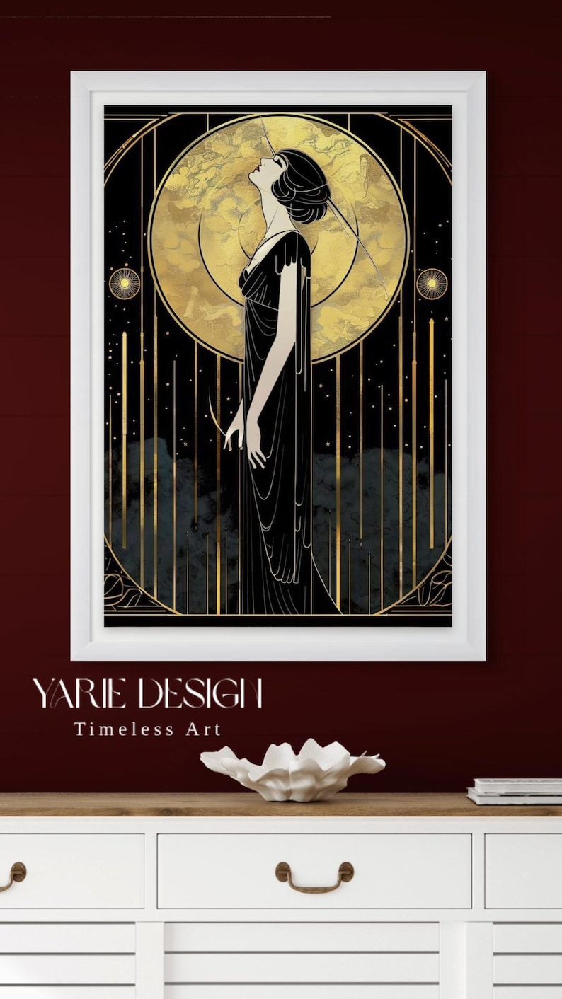 Statement Wand Art Deco Druck Vintage Frau Schwarz Gold Schlafzimmer Design Wohnzimmer Büro Hängen Glamour Illustration Retro Dame Elegant Bild 16