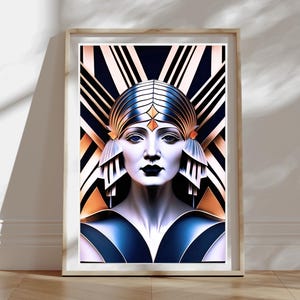 May include: A framed wall art print featuring a stylized portrait of a person with a metallic, geometric headpiece. The composition uses a palette of deep blue, black, and gold tones with sharp, angular lines radiating from the central figure.