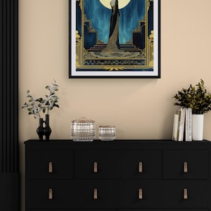 Large Art Deco Wall Art Illustration Vintage Art Print Blue Gold Print Woman Portrait Illustration Elegant Bedroom Hanging Luxury Home Gift image 8