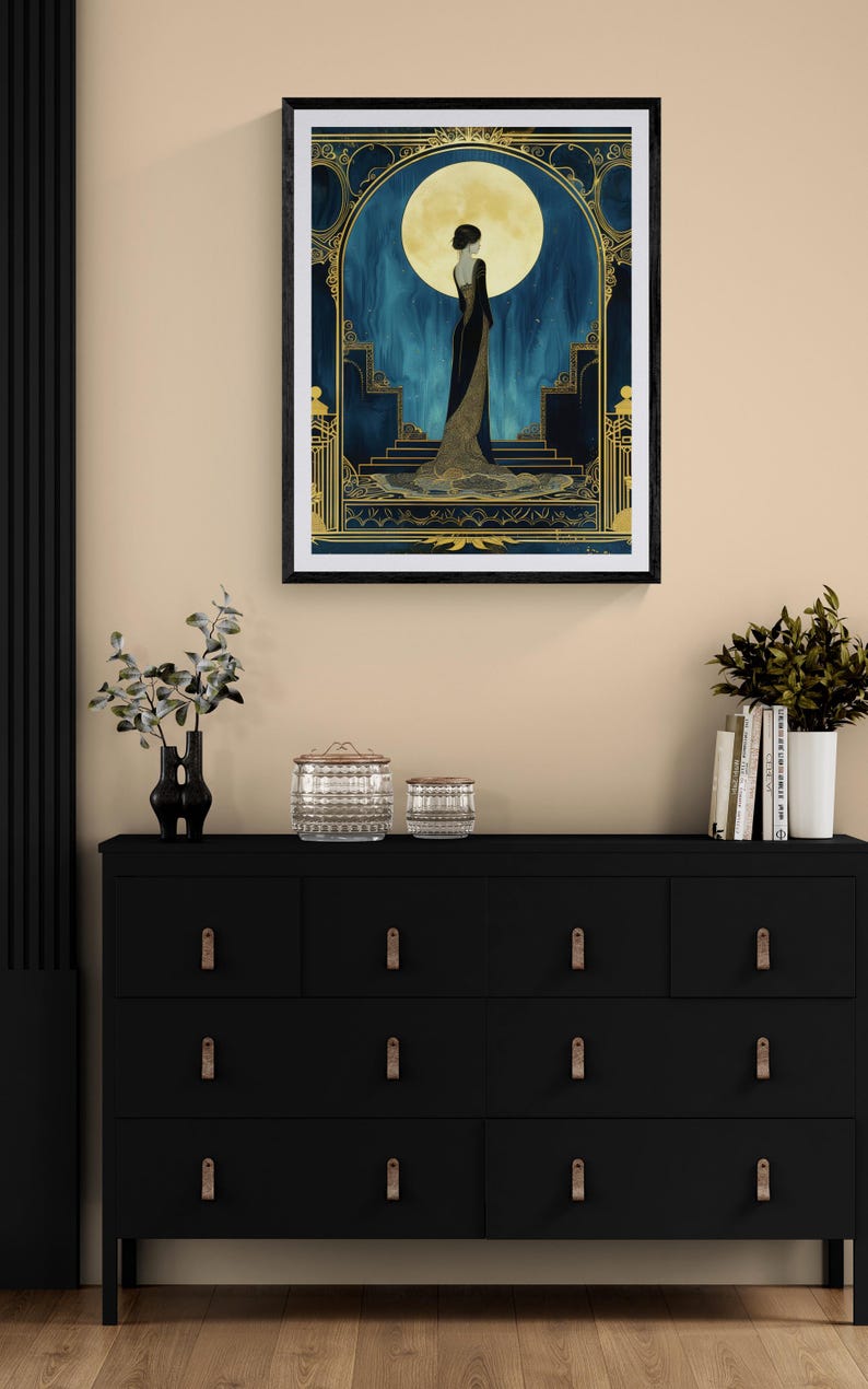 Large Art Deco Wall Art Illustration Vintage Art Print Blue Gold Print Woman Portrait Illustration Elegant Bedroom Hanging Luxury Home Gift image 8