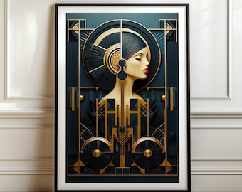 Könnte beinhalten: Ein gerahmter Kunstdruck mit dem stilisierten Profil einer Person mit geschlossenen Augen und roten Lippen vor einem dunkelblauen und goldenen geometrischen Hintergrund mit kreisförmigen Motiven, scharfen Linien und symmetrischen Mustern.