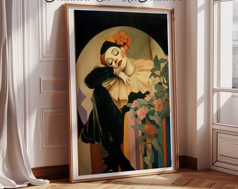 Pierrot Wall Art Deco Style Vintage Portrait Theatrical Print Framed Statement Piece Dramatic Interior Bedroom Gallery Living Room Office
