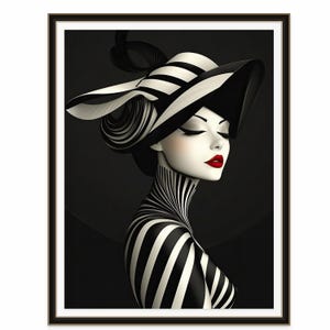 Black White Fashion Illustration Art Deco Style Print Modern 1920s Inspired Artwork Wall Hanging Living Room Interior Design Bedroom Accent Vintage Magazine Style Poster Timeless Gallery Wall Art Fine Art Paper Print Bold Statement Piece