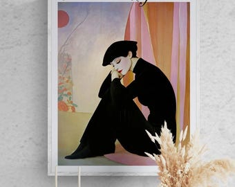 Circus Wall Art Deco Print Harlequin Portrait Theatrical Decor Dramatic Vintage Performer Moody Living Room Bedroom Entryway Piece Gallery