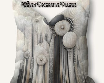 Woven Art Deco Pillow Geometric Cityscape Accent Cushion Neutral Black Gold Modern Vintage Glam Decor Sofa Statement Pillow Home Accent