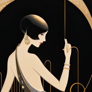 May include: Art Deco illustration of a woman in profile, with black hair and red lipstick. She wears gold earrings and bracelets, and a gray dress with a decorative back. The background is black with gold accents, evoking a vintage aesthetic.