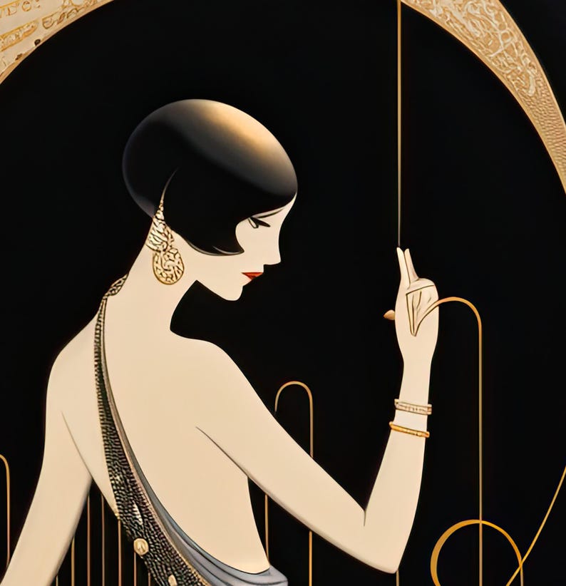 May include: Art Deco illustration of a woman in profile, with black hair and red lipstick. She wears gold earrings and bracelets, and a gray dress with a decorative back. The background is black with gold accents, evoking a vintage aesthetic.