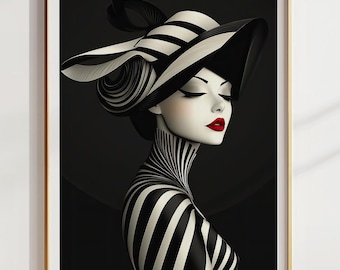 Modern Art Deco Style Print Black White Fashion Magazine Illustration Artwork Wall Hanging Bedroom Accent Living Room Interior Design