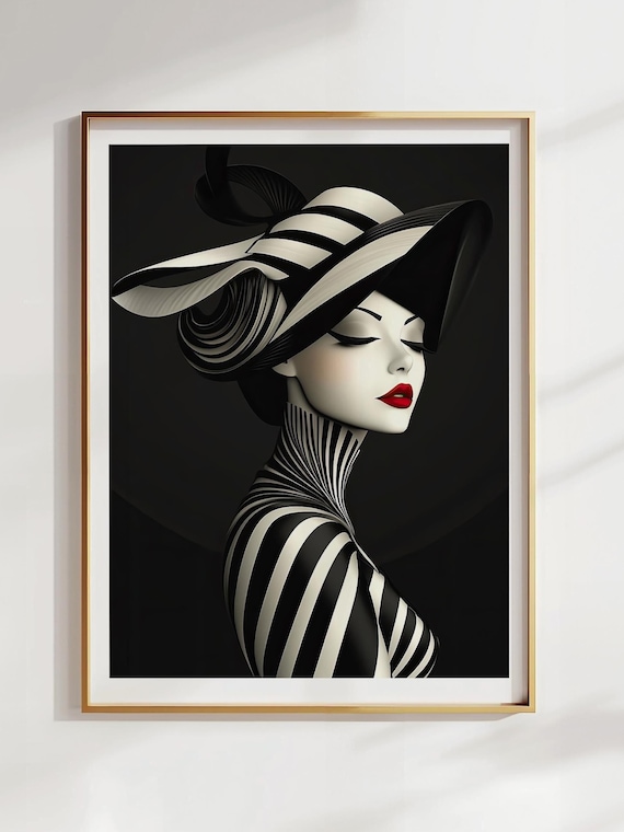 Modern Art Deco Style Print Black White Fashion Magazine Illustration Artwork Wall Hanging Bedroom Accent Living Room Interior Design