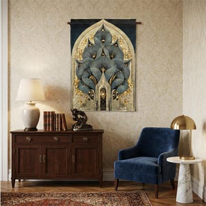 Art Deco botanical wall tapestry with symmetrical floral design in muted teal gold and cream tones
Elegant Art Nouveau inspired textile wall hanging featuring layered leaves and architectural shapes