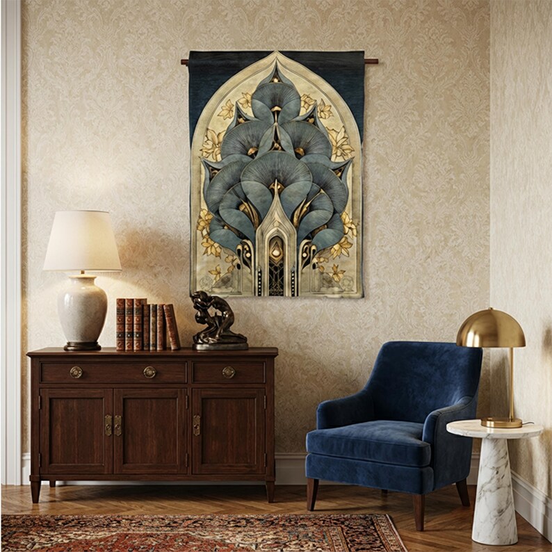 Art Deco botanical wall tapestry with symmetrical floral design in muted teal gold and cream tones
Elegant Art Nouveau inspired textile wall hanging featuring layered leaves and architectural shapes