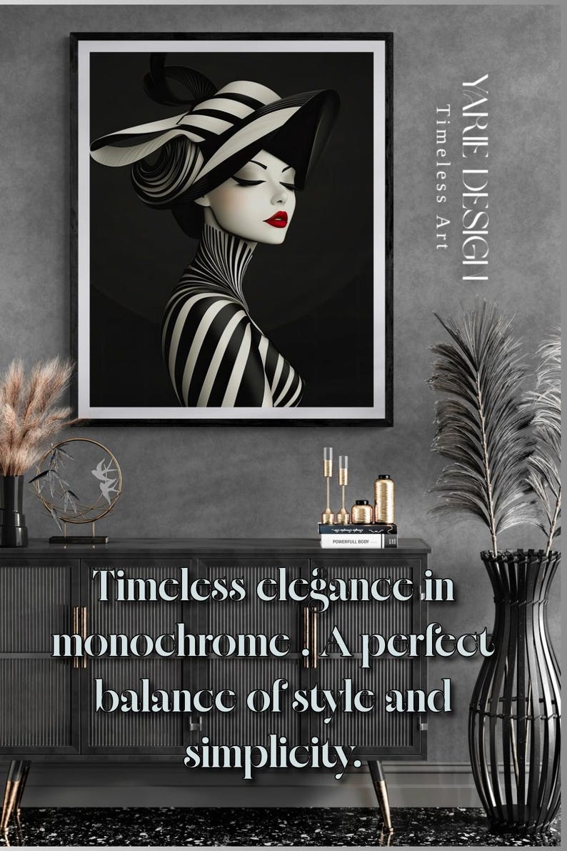 May include: A framed wall art print featuring a stylized illustration of a person wearing a wide-brimmed striped hat and a high-neck striped garment, with bold red lips. The text YARIE DESIGN Timeless Art is visible on the right side of the frame.