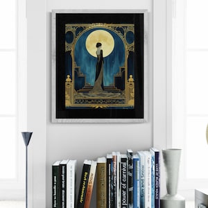 Luxury Home Gift Art Deco Wall Art Vintage Illustration Print Blue Gold Woman Portrait Elegant Black Gown Design Golden Moon Accent Large Format Bedroom Hanging Statement Piece Premium Quality Fine Art Paper Sophisticated Gallery Display