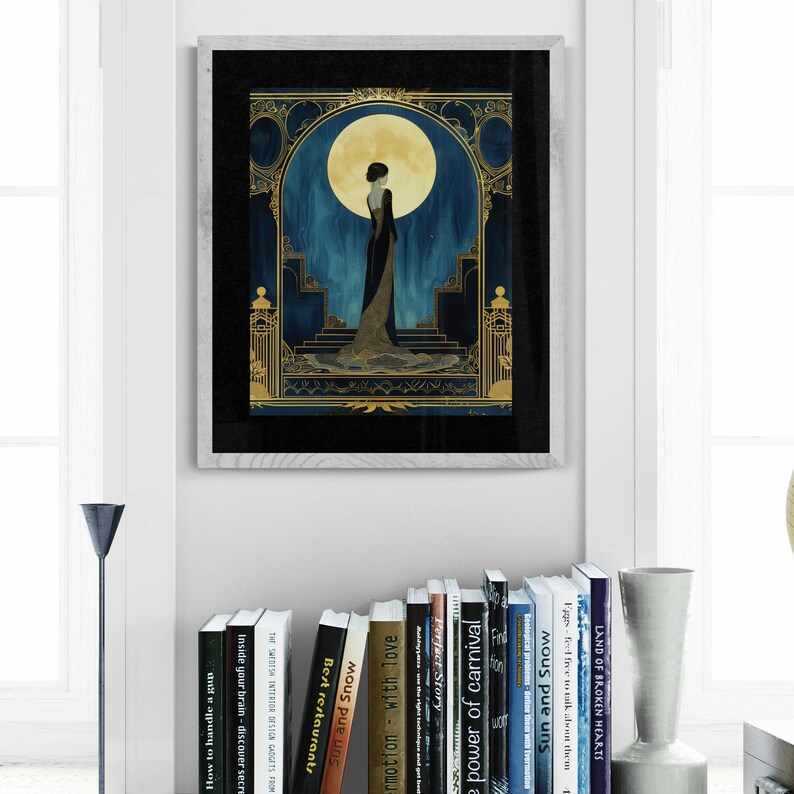 Luxury Home Gift Art Deco Wall Art Vintage Illustration Print Blue Gold Woman Portrait Elegant Black Gown Design Golden Moon Accent Large Format Bedroom Hanging Statement Piece Premium Quality Fine Art Paper Sophisticated Gallery Display