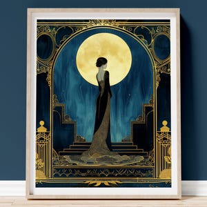 Luxury Home Gift Art Deco Wall Art Vintage Illustration Print Blue Gold Woman Portrait Elegant Black Gown Design Golden Moon Accent Large Format Bedroom Hanging Statement Piece Premium Quality Fine Art Paper Sophisticated Gallery Display