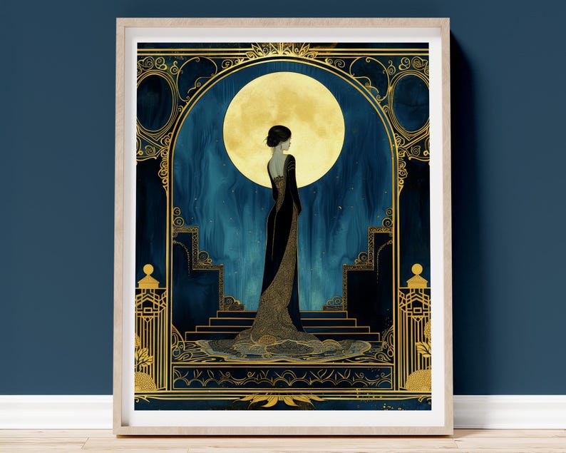 Luxury Home Gift Art Deco Wall Art Vintage Illustration Print Blue Gold Woman Portrait Elegant Black Gown Design Golden Moon Accent Large Format Bedroom Hanging Statement Piece Premium Quality Fine Art Paper Sophisticated Gallery Display