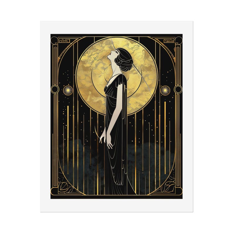 Vintage Glamour Woman Print Black Gold Artwork Art Deco Wall Art Retro Lady Portrait Elegant Illustration Statement Piece Living Room Accent Bedroom Wall Design Office Hanging Art Modern Luxury Interior Styling Sophisticated Home Gallery