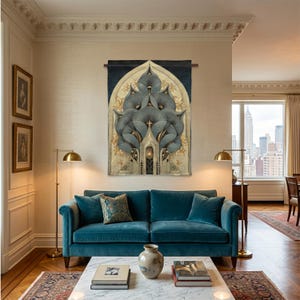 Vintage style Art Deco tapestry wall art creating a luxury statement focal point for home decor