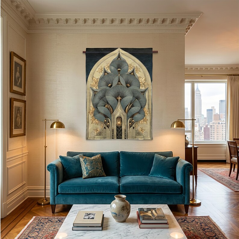 Vintage style Art Deco tapestry wall art creating a luxury statement focal point for home decor