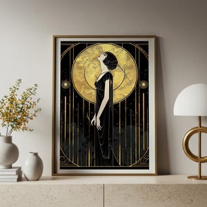 Statement Wand Art Deco Druck Vintage Frau Schwarz Gold Schlafzimmer Design Wohnzimmer Büro Hängen Glamour Illustration Retro Dame Elegant Bild 2