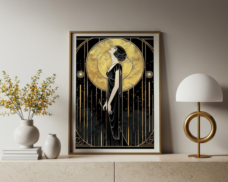 Statement Wand Art Deco Druck Vintage Frau Schwarz Gold Schlafzimmer Design Wohnzimmer Büro Hängen Glamour Illustration Retro Dame Elegant Bild 2
