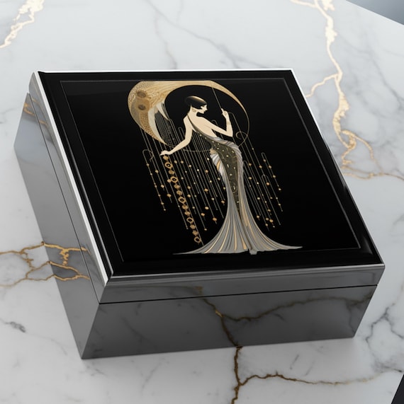 Black Jewelry Box Art Deco Woman Figure Decorative Keepsake Storage Container Gold Accent Vintage Style Elegant Holder Organizer Dresser Top