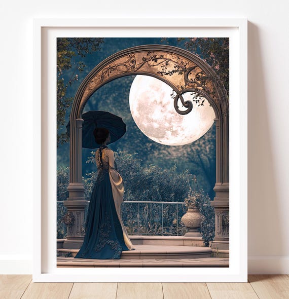 Romantic Wall Art Nouveau Print Blue Gold Vintage Inspired Bedroom Art Elegant Statement Maximalist Wall Hanging Couple Illustration