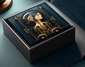 Stylish Art Deco Box Geometric Green Gold Design Wooden Memory Box Jewelry Storage Keepsake Organizer Curio Chest Decorative Box Gift Idea
