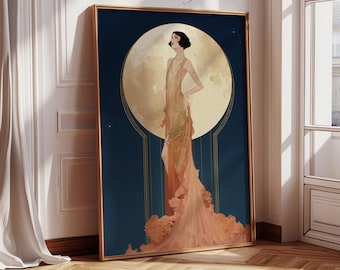 Art Deco Poster Vintage Moon Print Woman Illustration Artwork Bedroom Gallery Wall Hanging Living Room Framed Gold Peach Retro Lady Portrait