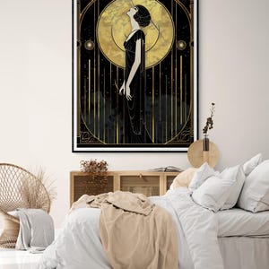 Vintage Art Deco Print Black Gold Design Moon Goddess Silhouette Geometric Frame Pattern Modern Home Collection Premium Wall Art Display Celestial Gothic Style Beautiful Room Decor Dark Aesthetic Statement Piece Elegant Design