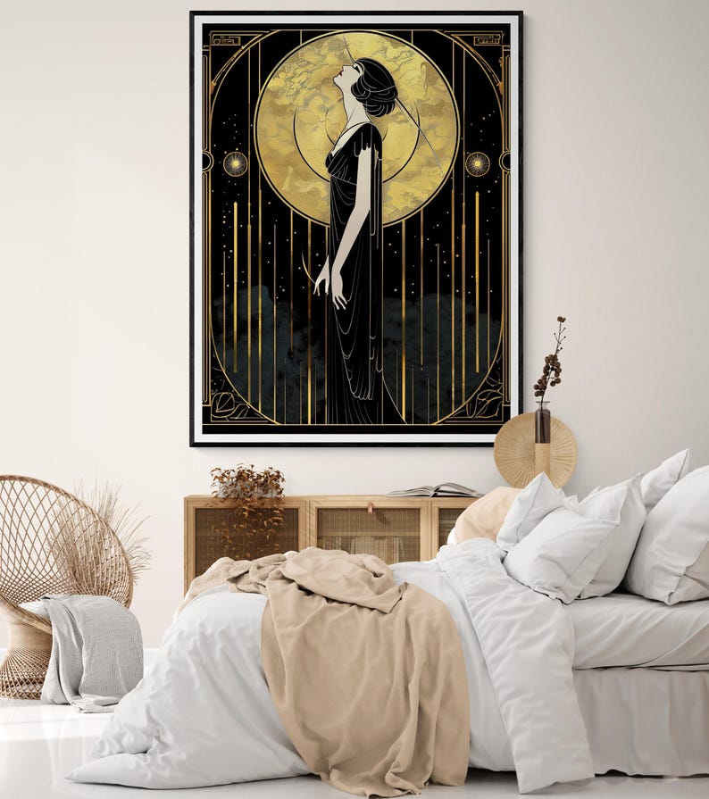 Vintage Art Deco Print Black Gold Design Moon Goddess Silhouette Geometric Frame Pattern Modern Home Collection Premium Wall Art Display Celestial Gothic Style Beautiful Room Decor Dark Aesthetic Statement Piece Elegant Design