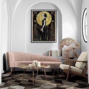 Glamour Illustration Retro Lady Portrait Art Deco Wall Art Vintage Woman Print Black Gold Artwork Elegant Statement Piece Modern Luxury Interior Styling Bedroom Wall Accent Living Room Design Office Hanging Art Sophisticated Timeless