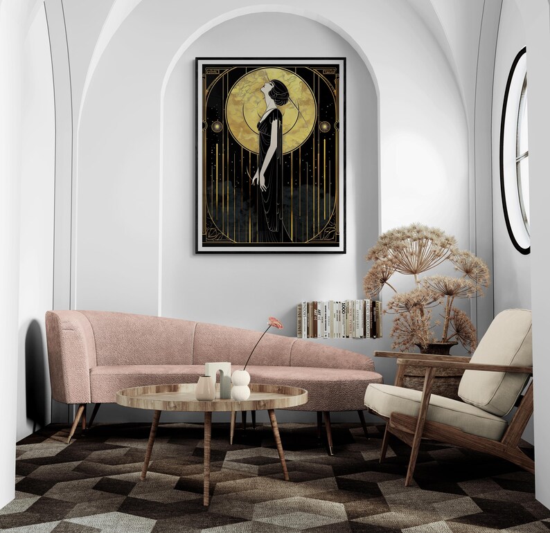 Glamour Illustration Retro Lady Portrait Art Deco Wall Art Vintage Woman Print Black Gold Artwork Elegant Statement Piece Modern Luxury Interior Styling Bedroom Wall Accent Living Room Design Office Hanging Art Sophisticated Timeless