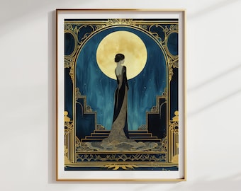 Large Art Deco Wall Art Illustration Vintage Art Print Art Deco Inspired Gilcee Blue Gold Accent Wall Art Unique Art Deco Wall Hanging Gift