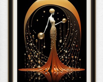 Art Deco Inspired Wall Art Print Gold Goddess Celestial Woman Large Bedroom Accent Decor Style Glamorous Feminine Elegant Black