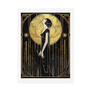 Glamour Illustration Retro Lady Portrait Art Deco Wall Art Vintage Woman Print Black Gold Artwork Elegant Statement Piece Modern Luxury Interior Styling Bedroom Wall Accent Living Room Design Office Hanging Art Sophisticated Timeless