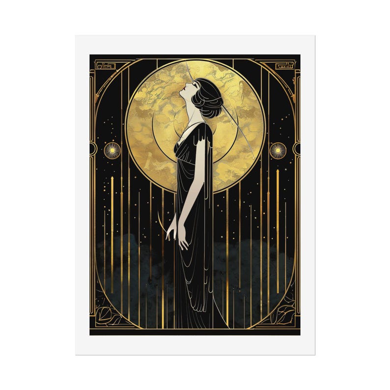 Glamour Illustration Retro Lady Portrait Art Deco Wall Art Vintage Woman Print Black Gold Artwork Elegant Statement Piece Modern Luxury Interior Styling Bedroom Wall Accent Living Room Design Office Hanging Art Sophisticated Timeless