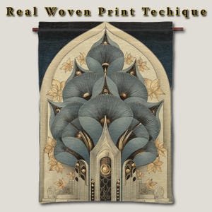 A woven print textile featuring a stylized floral design in shades of blue, gold, and beige. The design includes a central architectural element and the text "Real Woven Print Techique" at the top. The overall aesthetic is reminiscent of Art Deco.