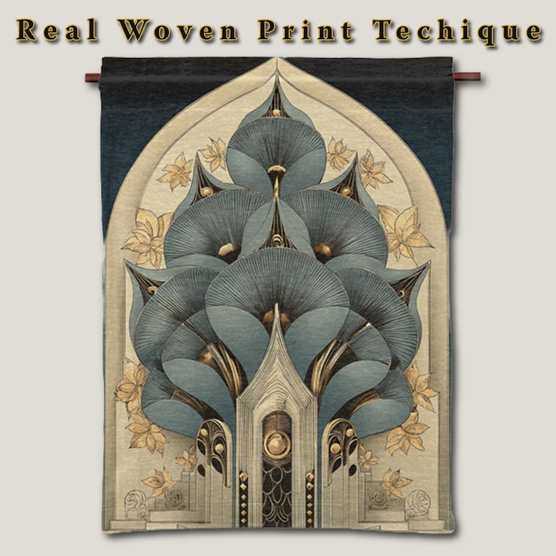 A woven print textile featuring a stylized floral design in shades of blue, gold, and beige. The design includes a central architectural element and the text "Real Woven Print Techique" at the top. The overall aesthetic is reminiscent of Art Deco.