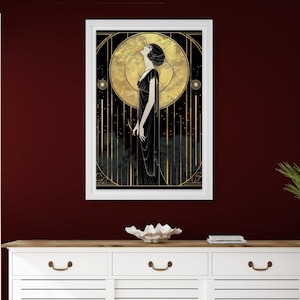 Gold Accent Wall Art Art Deco Design Black Silhouette Moon Goddess Collection Geometric Frame Pattern Modern Vintage Style Premium Quality Print Beautiful Room Display Dark Aesthetic Statement Piece Celestial Gothic Decor