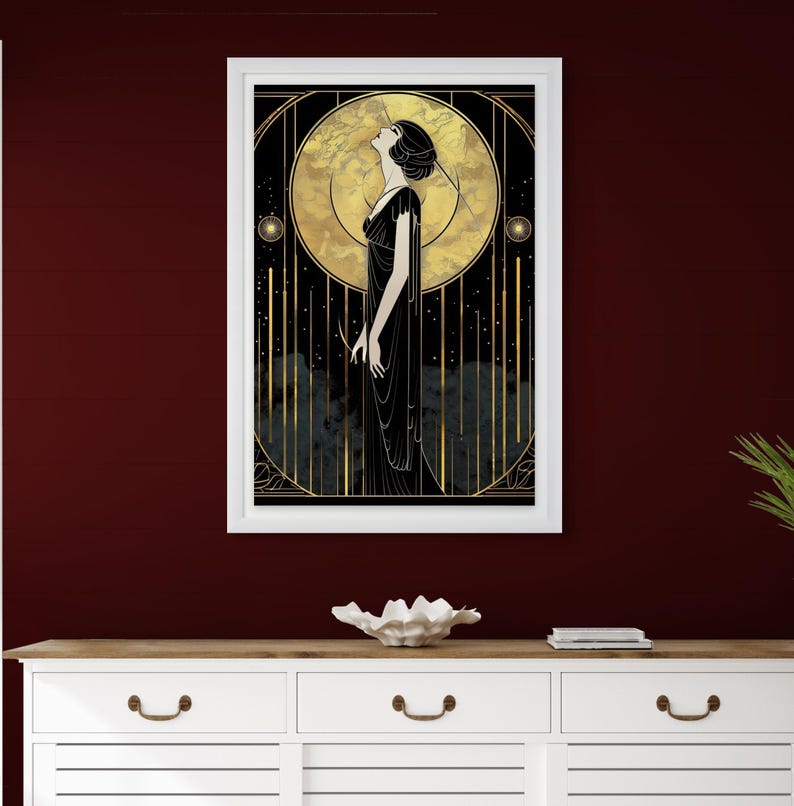 Gold Accent Wall Art Art Deco Design Black Silhouette Moon Goddess Collection Geometric Frame Pattern Modern Vintage Style Premium Quality Print Beautiful Room Display Dark Aesthetic Statement Piece Celestial Gothic Decor