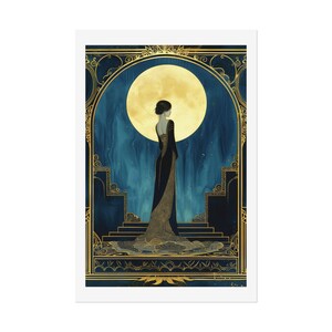 Stylized Art Deco illustration of a woman viewed from behind, wearing an elegant black and gold gown with intricate detailing, gazing toward a radiant golden moon in a blue architectural setting.
