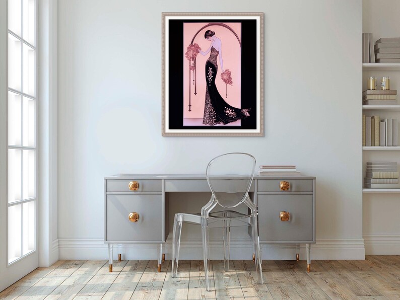 Roaring Twenties Era Print Art Deco Pink Lady Fashion Illustration Vintage Giclee Portrait Feminine Figure Drawing Poster Bedroom Wall Art Gift Women 1920s Retro Style Classic Aesthetic Premium Quality Paper Elegant Home Office  Gallery Display