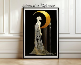 Statement Wall Art Art Deco Inspired Bedroom Living Room Office Décor Vintage Moon Glamour Woman Print In Gold Tones Erte Style Illustation