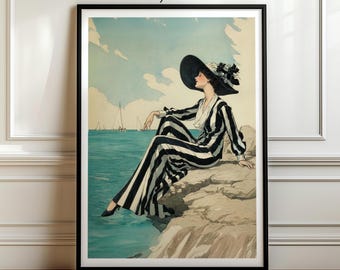 Coastal Wall Decor Art Deco Woman Seaside Illustration Vintage Beach Print Nautical Living Room Bedroom Gallery Framed Poster Men Gift
